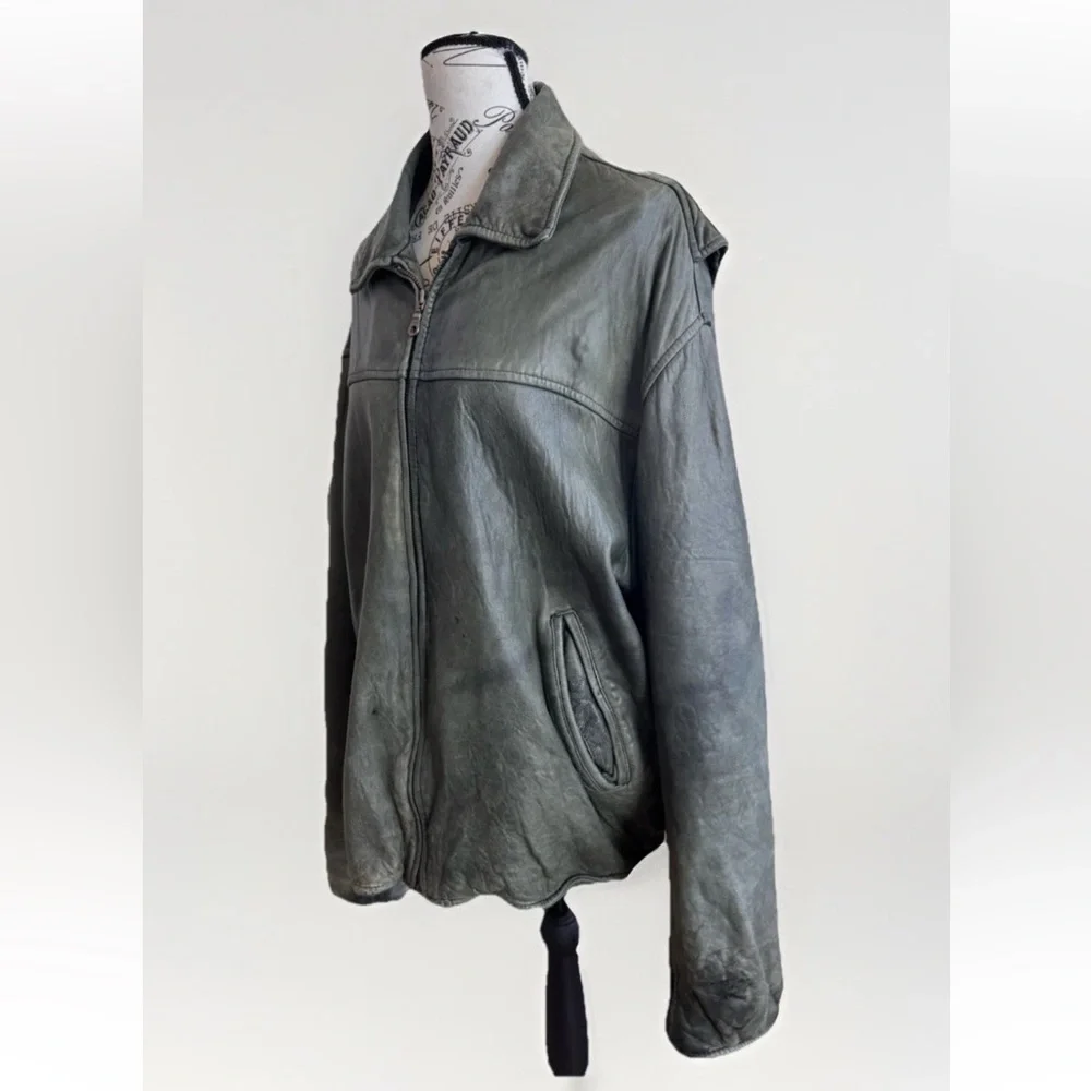 vintage 90s Y2K Wilsons olive green distressed bomber leather jacket * Flaws - Picture 6 of 16